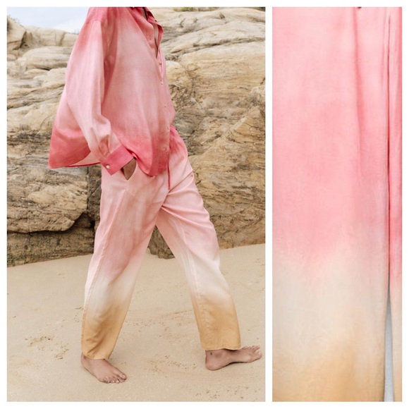 NWT. Zara Pink/Cream Linen Blend Tie-Dye Wide Leg Trousers. Size S. - Picture 4 of 8